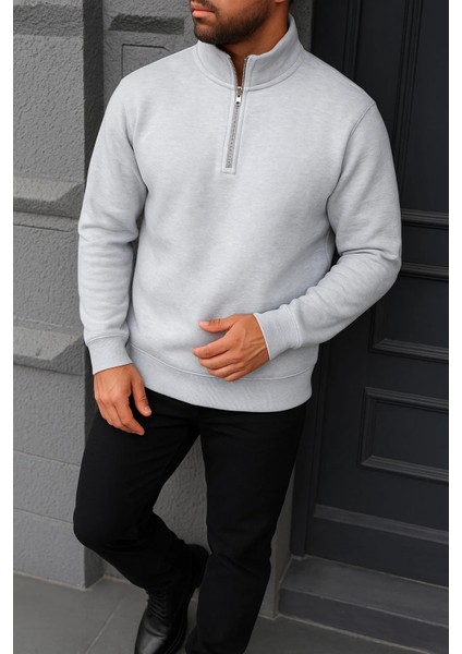 Erkek Kışlık Basic Gri Fermuarlı Sweatshirt fiyatları