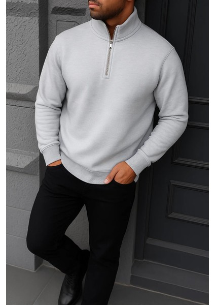 Erkek Kışlık Basic Gri Fermuarlı Sweatshirt modelleri