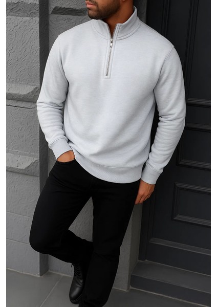 Erkek Kışlık Basic Gri Fermuarlı Sweatshirt fırsatları