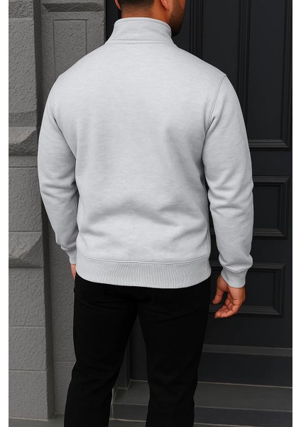Erkek Kışlık Basic Gri Fermuarlı Sweatshirt