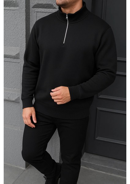 Erkek Kışlık Basic Siyah Fermuarlı Sweatshirt fiyatları
