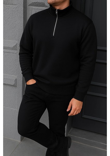 Erkek Kışlık Basic Siyah Fermuarlı Sweatshirt modelleri