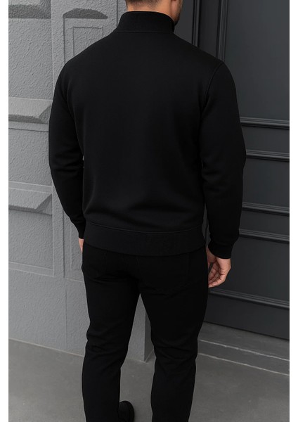 Erkek Kışlık Basic Siyah Fermuarlı Sweatshirt
