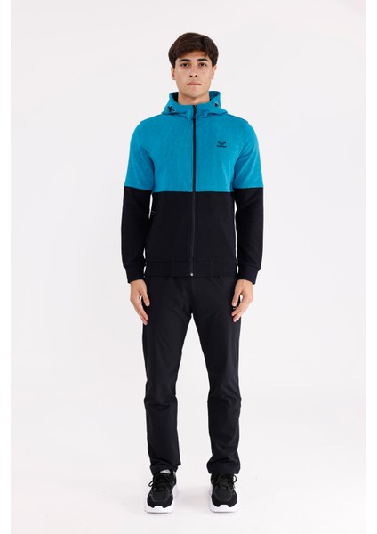 Blok Renkli Pıtırcık Yüzeyli Tam Fermuarlı Yan Cepli Esnek Manşetli Kapüşonlu Sweatshirt