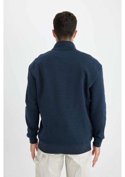Comfort Regular Fit Rahat Kalıp Fermuarlı Dik Yaka Basic Düz Sweatshirt