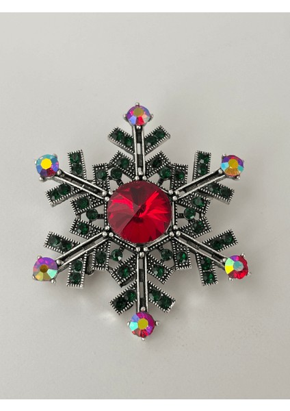 Kristal Parlak Taşlı Kar Tanesi Figürlü Silver Broş