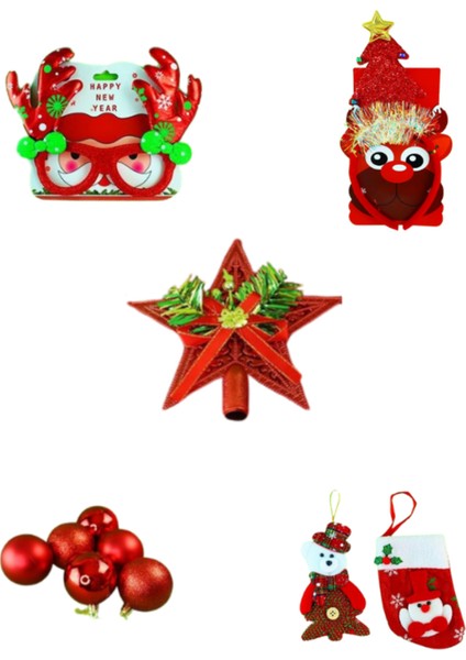 Happy New Year Yılbaşı Süsü Seti Taç, Ağaç Süsü, Gözlük 11 Parça Yeni Yıl Süsü