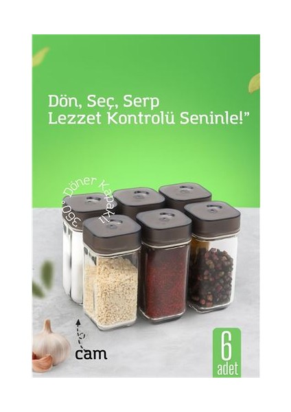 Hsnet Cam Tuzluk Baharatlık – 360° Döner Kapaklı | 3 Delik Tipiyle Ayarlanabilir Akış 6 Ade
