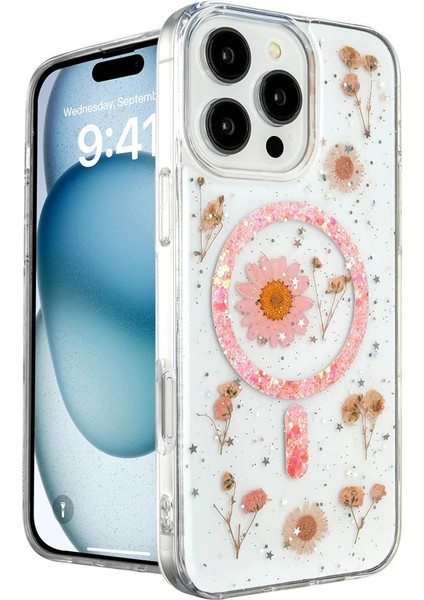 Buğz Iphone 16 Pro Kılıf Daisy Simli Magsafe Kapak - Pembe