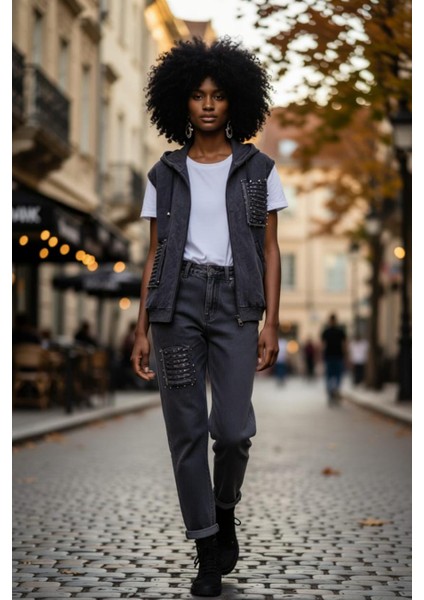 Kadın Büyük Beden Kapüşonlu Pul Payet Taş Işlemeli Lazer Kesim Fermuarlı Cepli %100 Pamuk Yelek