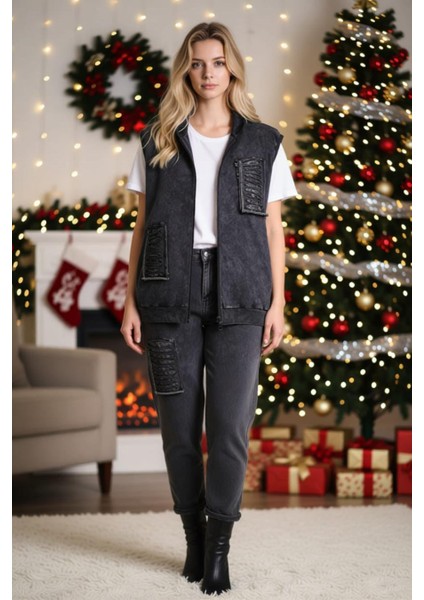 Kadın Büyük Beden Kapüşonlu Pul Payet Taş Işlemeli Lazer Kesim Fermuarlı Cepli %100 Pamuk Yelek modelleri