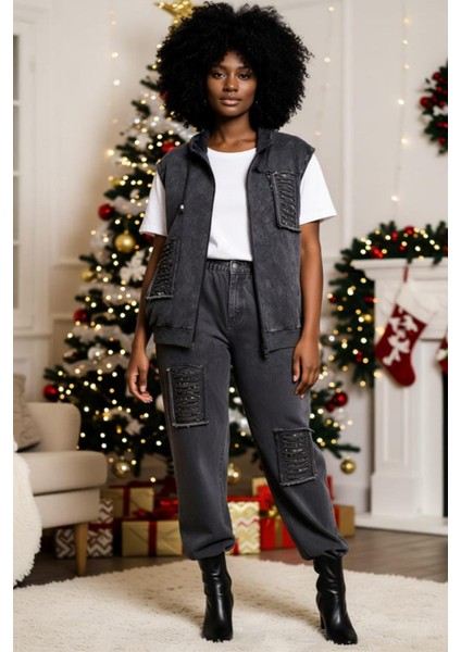 Kadın Büyük Beden Kapüşonlu Pul Payet Taş Işlemeli Lazer Kesim Fermuarlı Cepli %100 Pamuk Yelek fırsatları