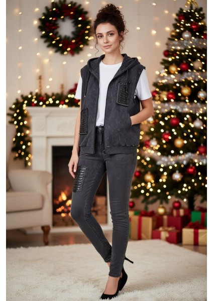 Kadın Büyük Beden Kapüşonlu Pul Payet Taş Işlemeli Lazer Kesim Fermuarlı Cepli %100 Pamuk Yelek indirimleri