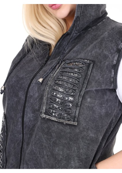 Kadın Büyük Beden Kapüşonlu Pul Payet Taş Işlemeli Lazer Kesim Fermuarlı Cepli %100 Pamuk Yelek