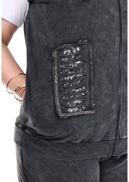 Kadın Büyük Beden Kapüşonlu Pul Payet Taş Işlemeli Lazer Kesim Fermuarlı Cepli %100 Pamuk Yelek