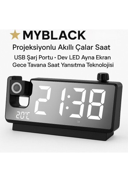 Projeksiyon Çalar Saat USB Şarj Portlu LED Dijital Saat Büyük LED Ekran 180° Dönebilen Projektör