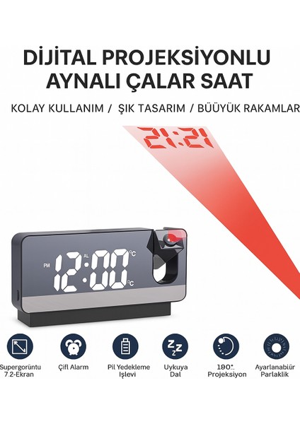 Projeksiyon Çalar Saat USB Şarj Portlu LED Dijital Saat Büyük LED Ekran 180° Dönebilen Projektör fiyatları