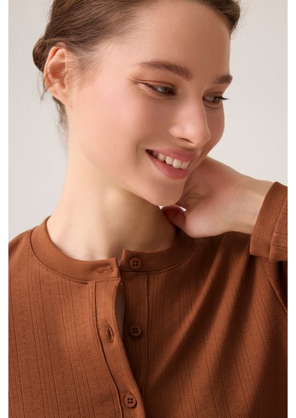 x Ece Kahverengi Petek Dokulu Düğmeli Pijama Takımı Pointelle Pj