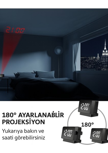 Projeksiyon Çalar Saat USB Şarj Portlu LED Dijital Saat Büyük LED Ekran 180° Dönebilen Projektör modelleri