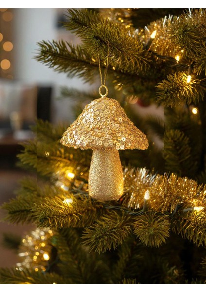 Yılbaşı Ağaç Süsü Mantar Figürlü Asılabilir Pul Payet Işlemeli Dekoratif Süs Altın 10 Cm