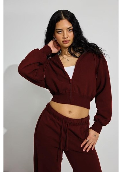Bordo Crop Kapşonlu Fermuarlı Kadın Sweatshirt MG2608