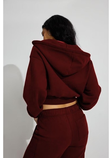 Bordo Crop Kapşonlu Fermuarlı Kadın Sweatshirt MG2608 fiyatları