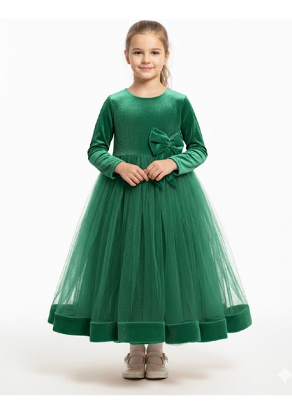 Kız Çocuk Kadife Elbise-Ül Detaylı-Fiyonk Süslemeli 7-12 Yaş 12441