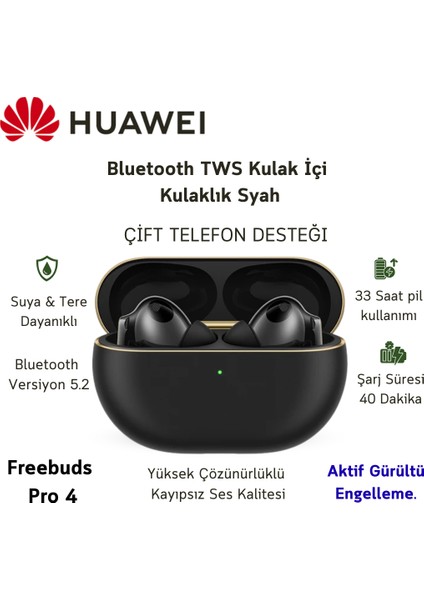 Çift Telefon Desteği ,suya ve Tere Dayanıklı Freebuds Pro 4 Anc Tws Siyah Kulak Içi Bluetooth Kulaklık