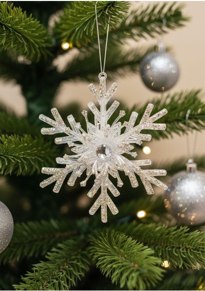 Yılbaşı Ağaç Süsü Gümüş Sim Detaylı 3D Şeffaf Kar Tanesi Asılabilir Dekoratif Süs 15 cm