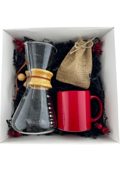 Kahve Seti Kahve Demleme Karafı 600 Ml, Kırmızı Seramik Kupa, Bez Kesede Filtre Kahve Seti