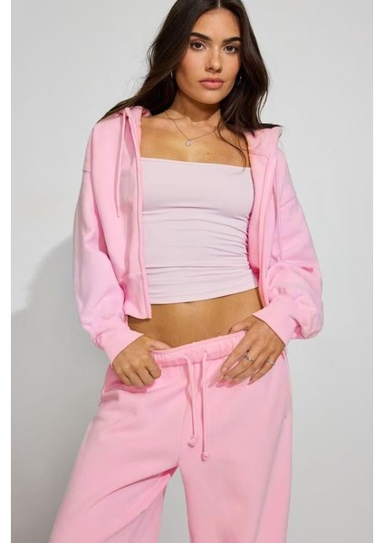 Pembe Crop Kapşonlu Fermuarlı Kadın Sweatshirt MG2608