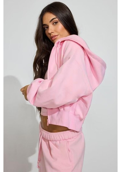 Pembe Crop Kapşonlu Fermuarlı Kadın Sweatshirt MG2608 fiyatları