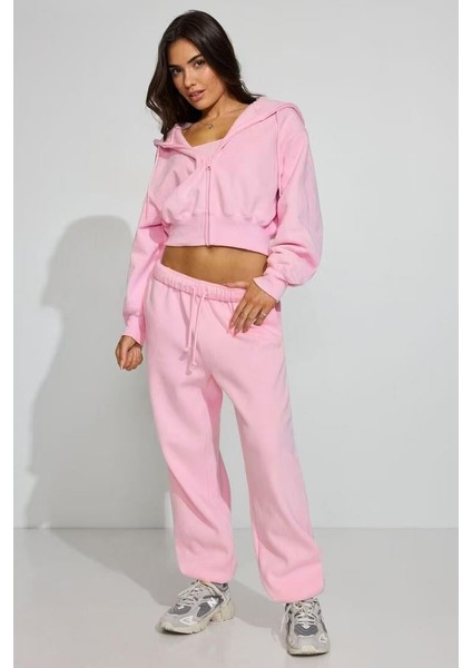 Pembe Crop Kapşonlu Fermuarlı Kadın Sweatshirt MG2608 modelleri