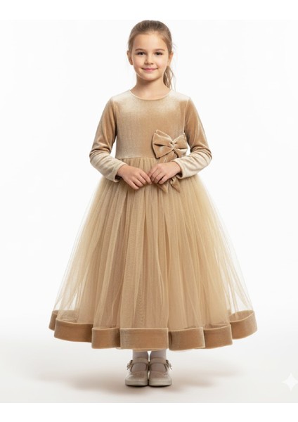 Kız Çocuk Kadife Elbise-Ül Detaylı-Fiyonk Süslemeli 7-12 Yaş 12441