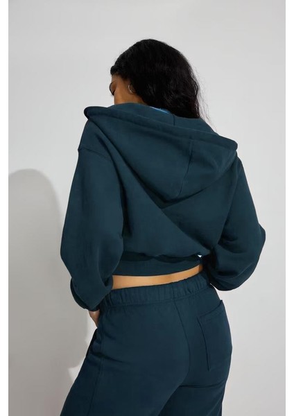 Lacivert Crop Kapşonlu Fermuarlı Kadın Sweatshirt MG2608 fiyatları