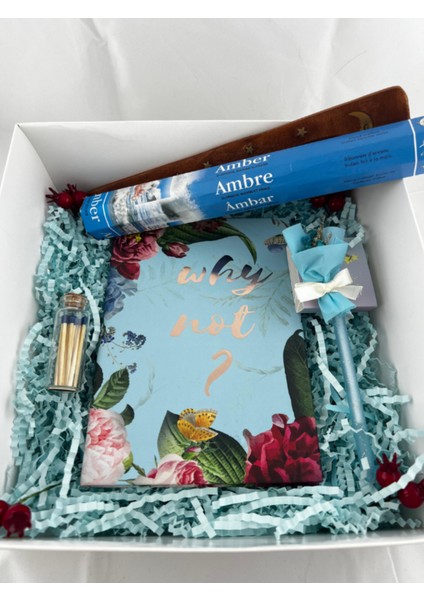 Amber Kokulu Tütsü, Tütsülük, Kibrit, Mavi Defter, Kuru Çiçekli Tükenmez Kalem Hediye Kutusu