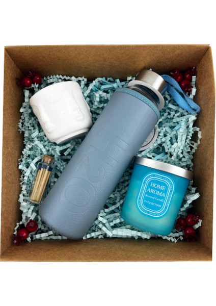 H2O Deri Kılıflı Mavi Matara 500 Ml, Sukulent Saksısı, Vanilya Kokulu Mum, Kibrit Hediye Kutusu