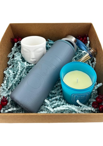 H2O Deri Kılıflı Mavi Matara 500 Ml, Sukulent Saksısı, Vanilya Kokulu Mum, Kibrit Hediye Kutusu fiyatları