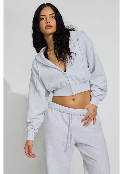 Karmelanj Crop Kapşonlu Fermuarlı Kadın Sweatshirt MG2608