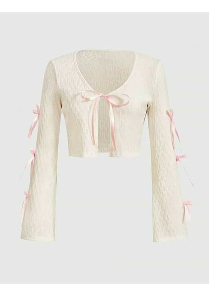 Pembe Kurdeleli Beyaz Kaşkorse Bolero