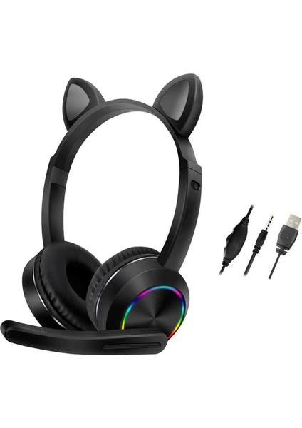 AKZ020 Kafa Üstü Işıklı Kedi Kulaklık - SIYAH-(5796)