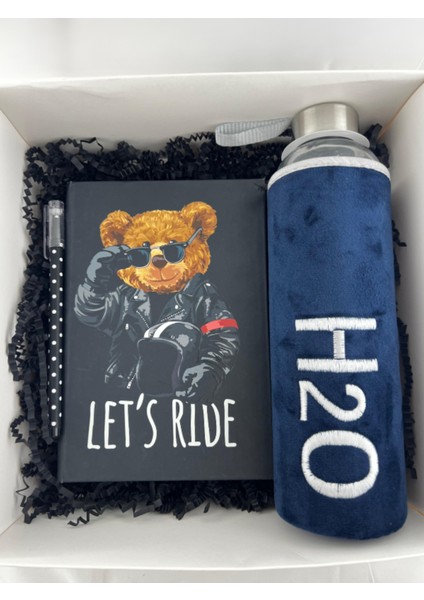 H2O Kadife Kılıflı Matara Lacivert 600 Ml, Tükenmez Kalem, Let's Ride Temalı Defter Hediye Kutusu