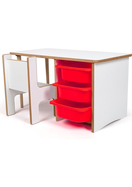 3 Çekmeceli Çocuk Etkinlik Masası - Beyaz Mdf - Kırmızı Çekmeceli - 18MM 1.sınıf Mdf