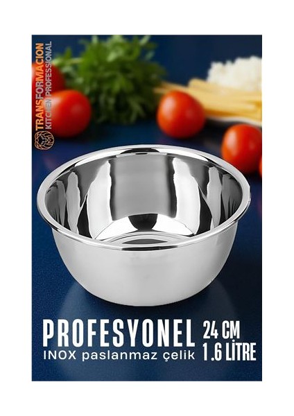 Hsnet Inox Kase - 24 cm 1.6 Litre Karıştırma Kabı Profesyonel 304 Paslanmaz Çelik