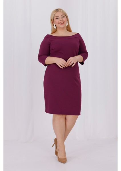 Kadın Mor Carmen Yaka Truvakar Kol Büyük Beden Esnek Krep Elbise