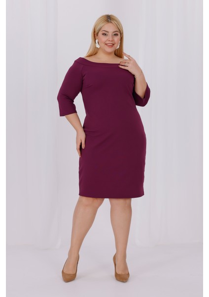 Kadın Mor Carmen Yaka Truvakar Kol Büyük Beden Esnek Krep Elbise fiyatları