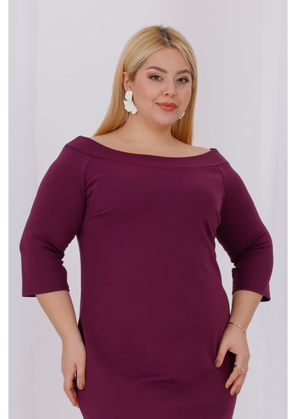 Kadın Mor Carmen Yaka Truvakar Kol Büyük Beden Esnek Krep Elbise indirimleri