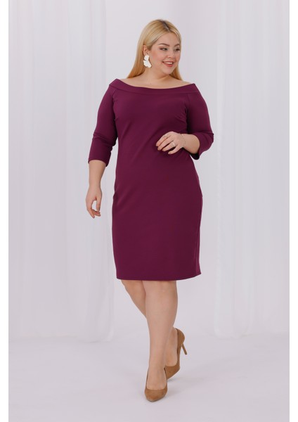 Kadın Mor Carmen Yaka Truvakar Kol Büyük Beden Esnek Krep Elbise