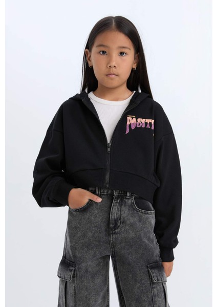 Kız Çocuk Baskılı Kapüşonlu İçi Yumuşak Tüylü Fermuarlı Sweatshirt D1569A824WN