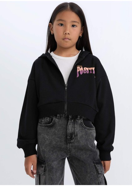 Kız Çocuk Baskılı Kapüşonlu İçi Yumuşak Tüylü Fermuarlı Sweatshirt D1569A824WN